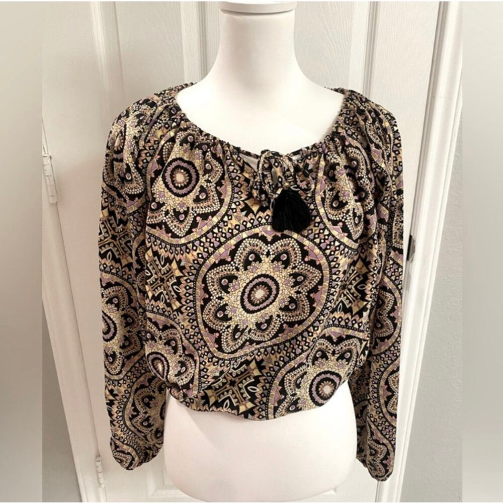 Mandala Print Peasant Blouse  Long Sleeve Crop Size Small Whimsigoth Ornate
